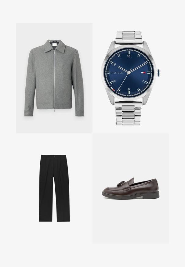 Harmaa pitkähihaine villatakki, jossa on etupuolella hopeinen vetoketju ja klassinen kaulus, esillä valkoista taustaa vasten.; Sarja kahdeksasta mustasta puuvilla-t-paidasta, joissa on lyhyet hihat ja pyöreä kaula-aukko, yksinkertainen muotoilu ja pehmeä rakenne.; Mustat housut suoranlahkeisella muotoilulla, valmistettu sileästä kankaasta. Ominaisuuksiin kuuluu etupleateet ja yksi nappikiinnitys vyötäröllä.; Ruske nahkainen loafers-kengät pyöreällä kärjellä, koristeellisella tupsulla, ommelluilla yksityiskohdilla ja matalalla kumisella korolla lisämukavuutta varten.; Harmaa metallikello, jossa on harjattu sininen taulu, valkoiset tuntimerkit ja päivämääränäyttö. Varustettu linkitetyllä metallirannekkeella ja brändin logolla.