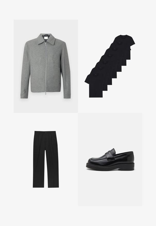 Harmaa pitkähihaine villatakki, jossa on etupuolella hopeinen vetoketju ja klassinen kaulus, esillä valkoista taustaa vasten.; Sarja kahdeksasta mustasta puuvilla-t-paidasta, joissa on lyhyet hihat ja pyöreä kaula-aukko, yksinkertainen muotoilu ja pehmeä rakenne.; Mustat housut suoranlahkeisella muotoilulla, valmistettu sileästä kankaasta. Ominaisuuksiin kuuluu etupleateet ja yksi nappikiinnitys vyötäröllä.; Musta nahkainen loafer, jossa on pyöristetty kärki, koristeellinen etusauma ja paksu kumipohja. Sileä pinta ja kiillotettu viimeistely.