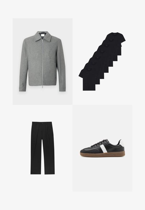 Szürke, hosszú ujjú gyapjú dzseki, elülső ezüst cipzárral és klasszikus gallérral, fehér háttér előtt bemutatva.; Nyolc darabból álló fekete pamut pólókészlet rövid ujjakkal és kerek nyakkal, sima kialakítással és puha felülettel.; Fekete nadrág egyenes szárú kialakítással, sima anyagból készült. Elöl redők és egy gombos záródás található a derékon.; Fekete sportcipő fehér csíkkal, sima bőrből készült, gumitalpú, texturált mintával és fűzős kialakítással.