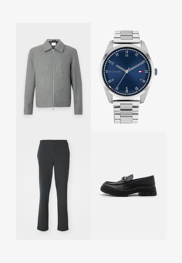Giacca di lana grigia a maniche lunghe con zipper argento frontale e colletto classico, esposta su uno sfondo bianco.; Set di otto t-shirt nere in cotone con maniche corte e collo a giro, caratterizzate da un design semplice e una texture morbida.; Pantaloni grigi scuri realizzati in tessuto testurizzato; design a gamba dritta con bottone frontale e tasche laterali discrete.; Mocassino in pelle nera con punta arrotondata, una fascia decorativa e accessori in metallo, e una suola spessa e testurizzata. Finitura liscia con dettagli sottili.; Orologio in metallo argentato con quadrante blu spazzolato, indici bianchi e display della data. Dotato di un bracciale metallico a maglie e logo del marchio.; Collana in argento con maglie spesse e un pendente circolare centrale caratterizzato da dettagli intricati. Superficie metallica liscia e riflettente.