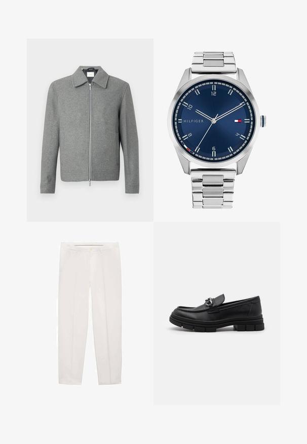 Giacca di lana grigia a maniche lunghe con zipper argento frontale e colletto classico, esposta su uno sfondo bianco.; Set di otto t-shirt nere in cotone con maniche corte e collo a giro, caratterizzate da un design semplice e una texture morbida.; Pantaloni bianchi realizzati in tessuto liscio, con un design a gamba dritta, tasche frontali e chiusura a singolo bottone in vita.; Mocassino in pelle nera con punta arrotondata, una fascia decorativa e accessori in metallo, e una suola spessa e testurizzata. Finitura liscia con dettagli sottili.; Orologio in metallo argentato con quadrante blu spazzolato, indici bianchi e display della data. Dotato di un bracciale metallico a maglie e logo del marchio.