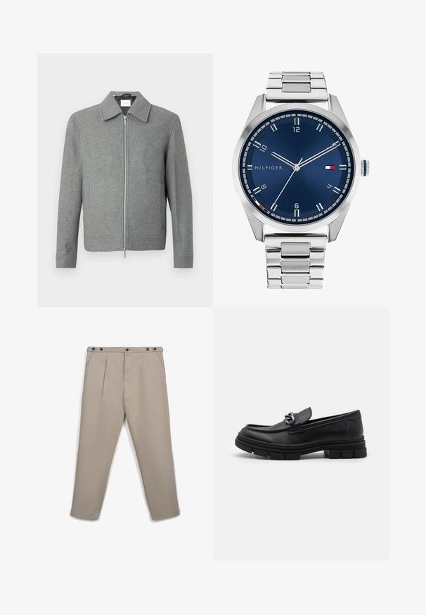 Giacca di lana grigia a maniche lunghe con zipper argento frontale e colletto classico, esposta su uno sfondo bianco.; Set di otto t-shirt nere in cotone con maniche corte e collo a giro, caratterizzate da un design semplice e una texture morbida.; Chino beige realizzati in tessuto liscio, con due pieghe frontali, passanti per cintura e due bottoni neri sulla vita.; Mocassino in pelle nera con punta arrotondata, una fascia decorativa e accessori in metallo, e una suola spessa e testurizzata. Finitura liscia con dettagli sottili.; Orologio in metallo argentato con quadrante blu spazzolato, indici bianchi e display della data. Dotato di un bracciale metallico a maglie e logo del marchio.