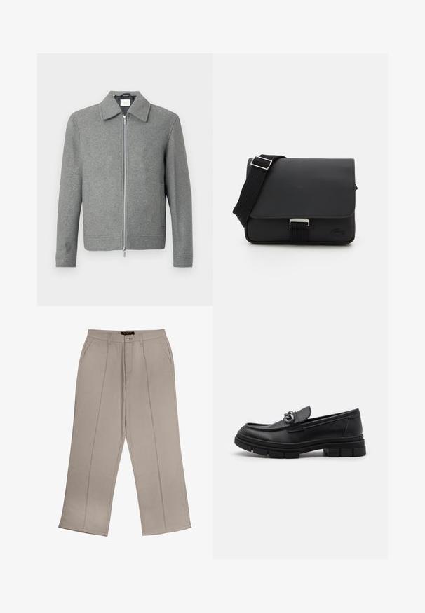 Siv plašč z dolgimi rokavi iz volne s sprednjim srebrnim zadrgo in klasičnim ovratnikom, prikazan na beli ozadju.; Nabor osmih črnih bombažnih majic s kratkimi rokavi in okroglim izrezom, ki imajo preprost dizajn in mehak otip.; Bež hlače širokega kroja iz blaga, z sprednjimi žepi, zadrgo in dvema navpičnima šivoma na vsaki nogavici.; Črni usnjeni loaferji z zaobljenim nosom, dekorativnim trakom in dodatki ter debelim teksturiranim podplatom. Gladek zaključek s subtilnimi detajli.; Črna messenger torba iz teksturiranega materiala z zapiranjem na pokrov, nastavljivim trakom in kovinsko opremo. Ima detajl z logotipom na sprednji strani.