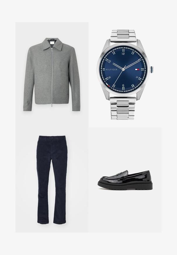 Pelēks garām piedurknēm vilnas uzvalks ar priekšējo sudraba rāvējslēdzēju un klasisku apkakli, izstādīts uz baltā fona.; Astot melnu kokvilnas t-kreklu komplekts ar īsām piedurknēm un apaļu kakla izgriezumu, ar vienkāršu dizainu un mīkstu tekstūru.; DOCKERS SMART FLEX MOTION SLIM - Chinos tipa bikses - navy; Melnas lakota ādas loafers ar noapaļotu purngalu, dekoratīvu siksniņu un biezu melnu gumijas zoli. Gluda spīdīga tekstūra ar minimālu šuvumu.; Sudraba metāla pulkstenis ar apstrādātu zilu ciparnīcu, baltām stundu atzīmēm un datuma displeju. Iespējo saistīta metāla josla un zīmola logo.