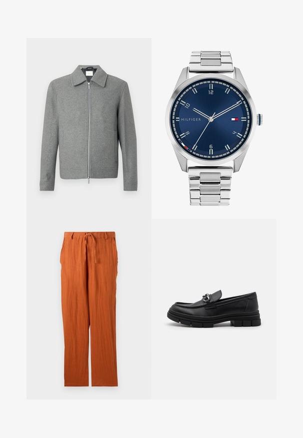 Gray long-sleeve wool jacket with front silver zipper and a classic collar, displayed on a white background.; Set of eight black cotton t-shirts with short sleeves and crew necks, featuring a plain design and a soft texture.; Rust-colored pants made of textured fabric, featuring a tie waistband and straight-leg design. Simple and unembellished style.; Black leather loafer with a rounded toe, a decorative strap and hardware, and a chunky textured sole. Smooth finish with subtle detailing.; Silver metal watch with a brushed blue dial, white hour markers, and a date display. Features a linked metallic band and brand logo.