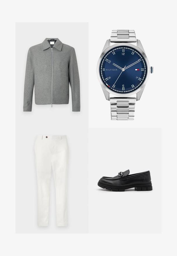 Gray long-sleeve wool jacket with front silver zipper and a classic collar, displayed on a white background.; Set of eight black cotton t-shirts with short sleeves and crew necks, featuring a plain design and a soft texture.; White pants made of lightweight fabric, featuring a straight-leg design, a single brown button at the waist, and minimalistic styling.; Black leather loafer with a rounded toe, a decorative strap and hardware, and a chunky textured sole. Smooth finish with subtle detailing.; Silver metal watch with a brushed blue dial, white hour markers, and a date display. Features a linked metallic band and brand logo.