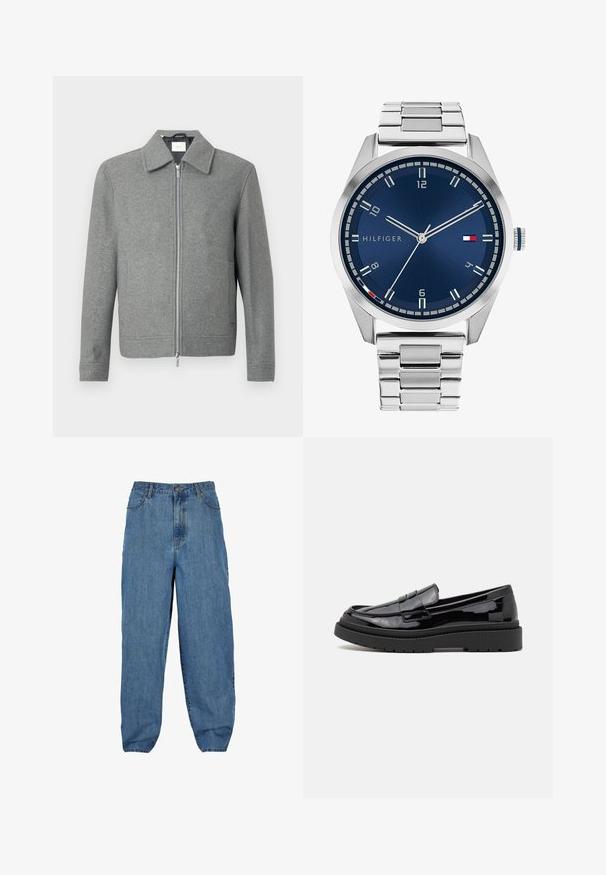 Grå, langermet ulljakke med sølvglidelås foran og klassisk krage, vist på hvit bakgrunn.; Sett med åtte svarte bomull t-skjorter med korte ermer og rund hals, med et enkelt design og en myk tekstur.; Lyseblå denimbukser med høy midje, bred bendesign, fem lommer, og knapp- og glidelåsåpning.; Sorte lakkskinn loafers med rund tå, en dekorativ stropp og en tykk svart gummisåle. Glatt, skinnende tekstur med minimal søm.; Sølv metallklokke med en børstet blå urskive, hvite timemarkører og datovisning. Har en koblet metallarmbånd og merkevarelogo.