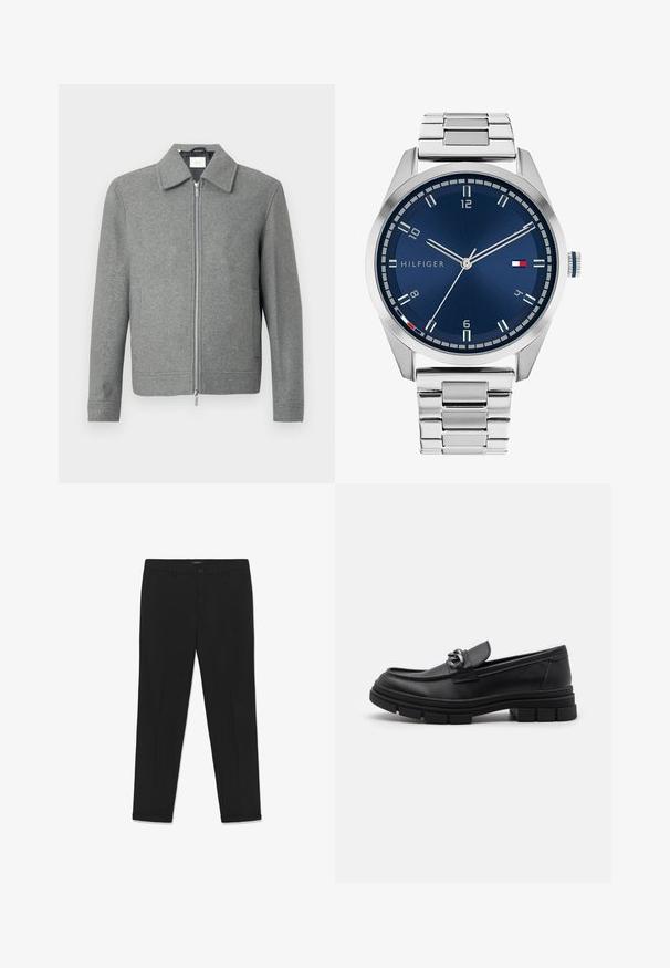 Harmaa pitkähihaine villatakki, jossa on etupuolella hopeinen vetoketju ja klassinen kaulus, esillä valkoista taustaa vasten.; Sarja kahdeksasta mustasta puuvilla-t-paidasta, joissa on lyhyet hihat ja pyöreä kaula-aukko, yksinkertainen muotoilu ja pehmeä rakenne.; Mustat housut, jotka on valmistettu sileästä kankaasta. Niissä on kapea istuvuus, litteä etuosa, kaksi sivutaskua ja vyötäröllä nappikiinnitys.; Musta nahkaloaferi pyöreällä varvalla, koristeellisesti varustetulla hihnalla ja metalliosilla sekä paksulla, teksturoidulla pohjalla. Sileä pinta hienovaraisin yksityiskohdin.; Harmaa metallikello, jossa on harjattu sininen taulu, valkoiset tuntimerkit ja päivämääränäyttö. Varustettu linkitetyllä metallirannekkeella ja brändin logolla.