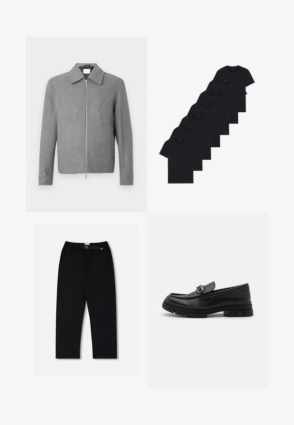 Grajanger Wolljacke mit langen Ärmeln, Front-Reißverschluss in Silber und klassischem Kragen, auf einem weißen Hintergrund präsentiert.; Set aus acht schwarzen Baumwoll-T-Shirts mit kurzen Ärmeln und Rundhalsausschnitten, die ein schlichtes Design und eine weiche Textur aufweisen.; Schwarze Hosen mit elastischem Bund und verstellbarem Gürtel. Hergestellt aus glattem Stoff, verfügen sie über gerade Beine und keine auffälligen Muster.; Schwarzer Lederloafer mit runder Zehenform, einem dekorativen Riemen und Hardware sowie einer robusten, strukturierten Sohle. Glatte Oberfläche mit dezenten Details.