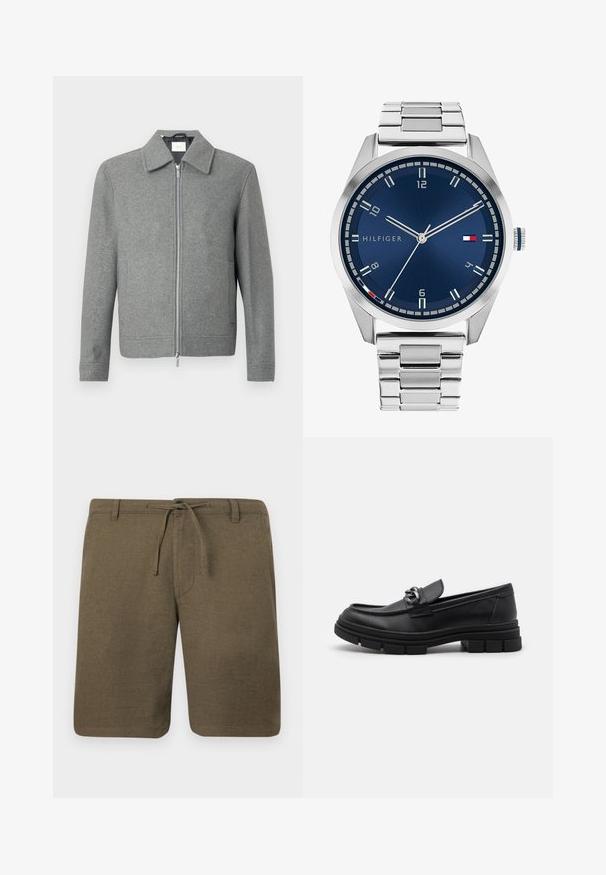 Siv plašč z dolgimi rokavi iz volne s sprednjim srebrnim zadrgo in klasičnim ovratnikom, prikazan na beli ozadju.; Nabor osmih črnih bombažnih majic s kratkimi rokavi in okroglim izrezom, ki imajo preprost dizajn in mehak otip.; Olivno zelene lanene hlače s ravnim prednjim delom, pasom na vrvico in stranskimi žepi; teksturirana tkanina z neformalnim, sproščenim krojem.; Črni usnjeni loaferji z zaobljenim nosom, dekorativnim trakom in dodatki ter debelim teksturiranim podplatom. Gladek zaključek s subtilnimi detajli.; Srebrna kovinska ura z brušenim modrim številcem, belimi številčnicami in prikazom datuma. Ima povezano kovinsko zapestnico in logotip blagovne znamke.; Srebrna verižica z дебелыми povezavami in osrednjim krožnim obeskom z zapletenim detajliranjem. Gladka, odsevna površina kovine.