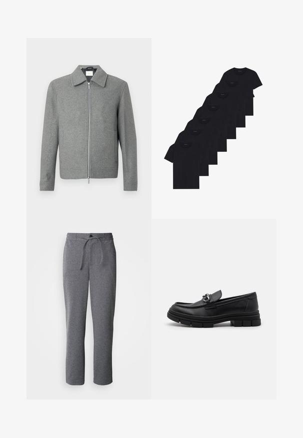 Pelēks garām piedurknēm vilnas uzvalks ar priekšējo sudraba rāvējslēdzēju un klasisku apkakli, izstādīts uz baltā fona.; Astot melnu kokvilnas t-kreklu komplekts ar īsām piedurknēm un apaļu kakla izgriezumu, ar vienkāršu dizainu un mīkstu tekstūru.; Pelēki sporta bikses, kas izgatavotas no mīksta auduma, ar aukliņu jostasvietā, taisnām kājām un vienkāršu, neizsmalcinātu dizainu.; Melnas ādas loafer kurpes ar noapaļotu purngalu, dekoratīvu jostu un aparatūru, kā arī masīvu teksturētu zoli. Gluda virsma ar smalkām detaļām.