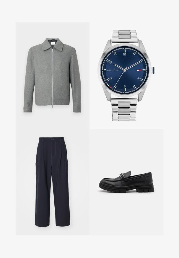 Gray long-sleeve wool jacket with front silver zipper and a classic collar, displayed on a white background.; Set of eight black cotton t-shirts with short sleeves and crew necks, featuring a plain design and a soft texture.; Navy cargo pants with blue stitching, elastic waistband, two side pockets, straight-leg design, and soft fabric texture.; Black leather loafer with a rounded toe, a decorative strap and hardware, and a chunky textured sole. Smooth finish with subtle detailing.; Silver metal watch with a brushed blue dial, white hour markers, and a date display. Features a linked metallic band and brand logo.