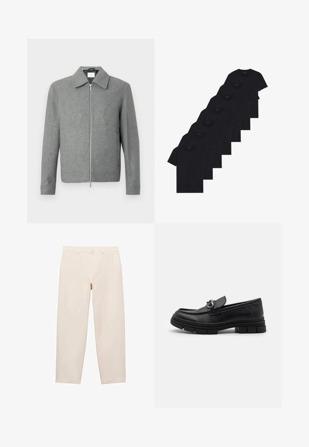 Jachetă lungă din lâna gri, cu mâneci lungi, fermoar frontal argintiu și guler clasic, afișată pe un fundal alb.; Set de opt tricouri negre din bumbac cu mâneci scurte și gât rotund, având un design simplu și o textură moale.; Pantaloni drept bej, confecționați dintr-un material moale, având curea de prindere, fermoar la brâu și două buzunare laterale. Design curat și minimalist.; Mocasini din piele neagră cu vârful rotund, o curea decorativă și accesorii metalice, și o talpă chunky texturată. Finisaj neted cu detalii subtile.