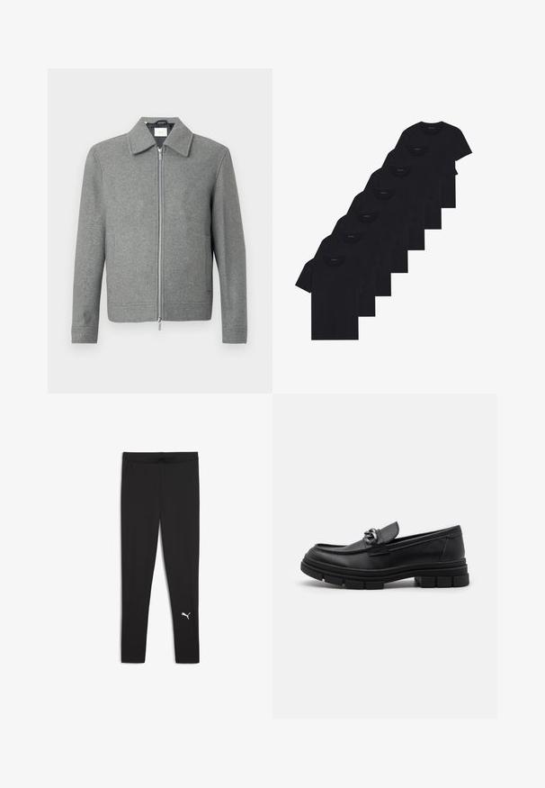 Grå långärmad ulljacka med silverfärgad dragkedja framtill och klassisk krage, uppställd mot en vit bakgrund.; Set med åtta svarta bomullströjor med korta ärmar och rundad halsringning, med en enkel design och mjuk textur.; Svarta leggings tillverkade av elastisk tyg, med en bred midjeresår och sidofickor. En vit logotyp visas nära vristen.; Svart läderloafersko med rund tå, en dekorativ rem och hårdvara, samt en chunky texturerad sula. Slät finish med subtila detaljer.