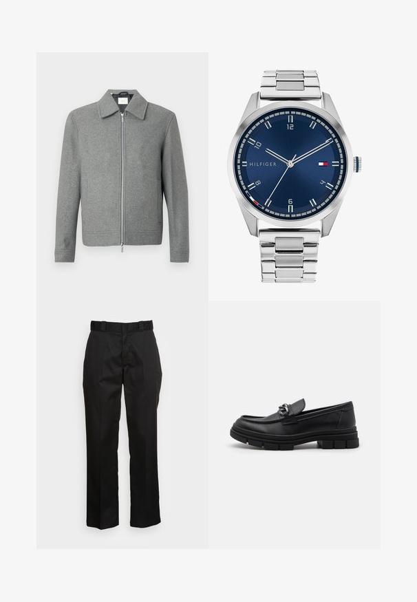 Gray long-sleeve wool jacket with front silver zipper and a classic collar, displayed on a white background.; Set of eight black cotton t-shirts with short sleeves and crew necks, featuring a plain design and a soft texture.; Black trousers made from a smooth fabric, featuring a straight leg design, belt loops, and two side pockets. Classic look without embellishments.; Black leather loafer with a rounded toe, a decorative strap and hardware, and a chunky textured sole. Smooth finish with subtle detailing.; Silver metal watch with a brushed blue dial, white hour markers, and a date display. Features a linked metallic band and brand logo.