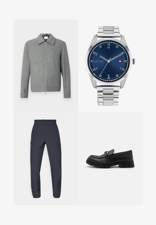 Szürke, hosszú ujjú gyapjú dzseki, elülső ezüst cipzárral és klasszikus gallérral, fehér háttér előtt bemutatva.; Nyolc darabból álló fekete pamut pólókészlet rövid ujjakkal és kerek nyakkal, sima kialakítással és puha felülettel.; Sötétkék műszaki nadrág szintetikus anyagból; lapos derékpánttal, két elülső zsebbel és egy plusz cipzáras oldalzsebbel rendelkezik.; Fekete bőr mokaszín, lekerekített orral, díszes pánttal és fém kiegészítővel, valamint vastag, texturált talppal. Simább felület, finom részletezéssel.; Ezüst színű fém óra kék, kefélt számlappal, fehér órijjelezőkkel és dátumkijelzővel. Fém, láncolt szíj és márkalogó jellemzi.