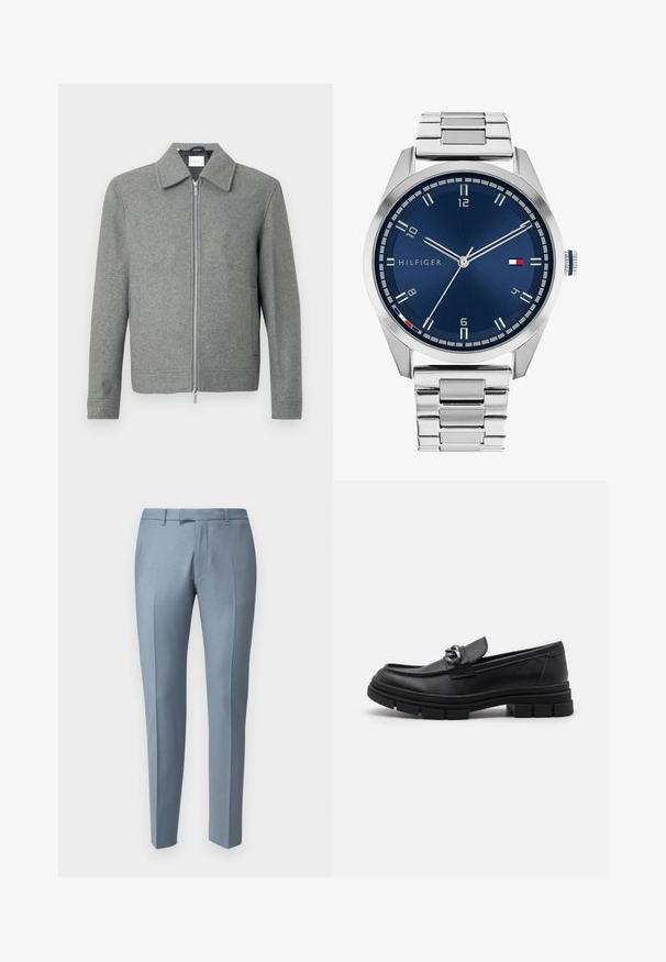 Grå långärmad ulljacka med silverfärgad dragkedja framtill och klassisk krage, uppställd mot en vit bakgrund.; Set med åtta svarta bomullströjor med korta ärmar och rundad halsringning, med en enkel design och mjuk textur.; Ljusblå skräddarsydda byxor i ett slätt tyg, med en platt front, raka benen och subtila veckdetaljer.; Svart läderloafersko med rund tå, en dekorativ rem och hårdvara, samt en chunky texturerad sula. Slät finish med subtila detaljer.; Silver metall klocka med en borstad blå urtavla, vita timmarkörer och en datumvisning. Har ett länkande metallarmband och varumärkeslogotyp.