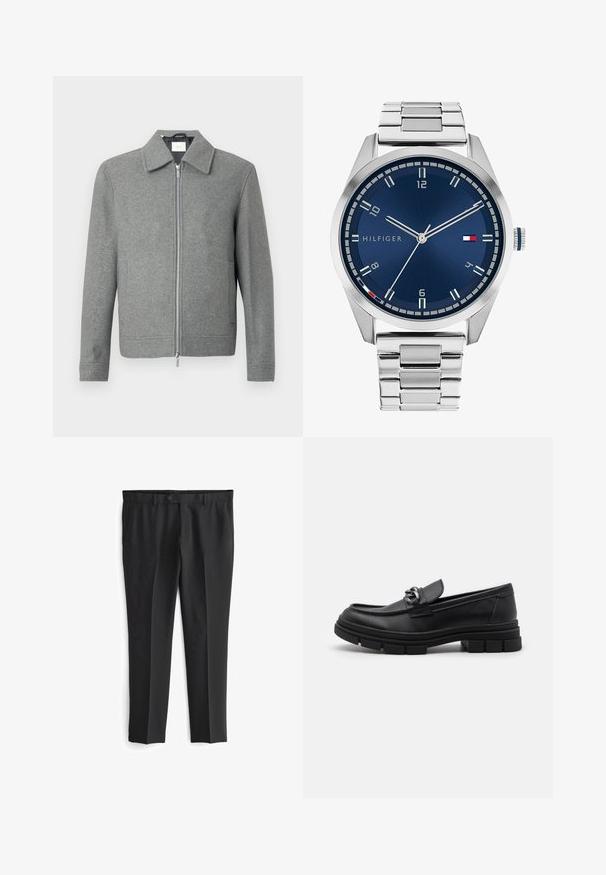 Harmaa pitkähihaine villatakki, jossa on etupuolella hopeinen vetoketju ja klassinen kaulus, esillä valkoista taustaa vasten.; Sarja kahdeksasta mustasta puuvilla-t-paidasta, joissa on lyhyet hihat ja pyöreä kaula-aukko, yksinkertainen muotoilu ja pehmeä rakenne.; Mustat muotolöysit housut, joissa on tasainen etuosa, kaksi sivutaskua ja nappisulku. Sileä rakenne ja suora lahjemuoto.; Musta nahkaloaferi pyöreällä varvalla, koristeellisesti varustetulla hihnalla ja metalliosilla sekä paksulla, teksturoidulla pohjalla. Sileä pinta hienovaraisin yksityiskohdin.; Harmaa metallikello, jossa on harjattu sininen taulu, valkoiset tuntimerkit ja päivämääränäyttö. Varustettu linkitetyllä metallirannekkeella ja brändin logolla.