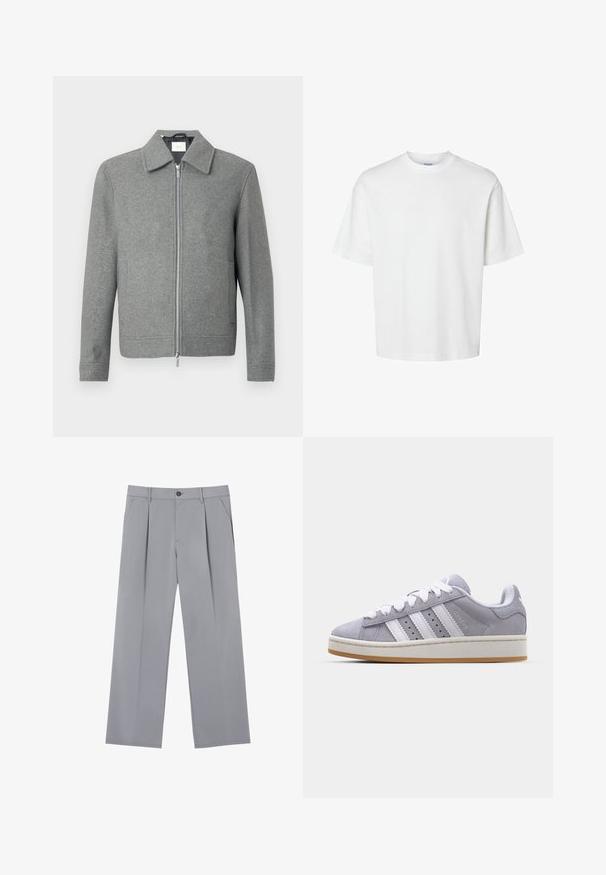 Veste en laine grise à manches longues avec fermeture éclair argentée à l'avant et un col classique, présentée sur un fond blanc.; T-shirt en coton blanc à manches courtes, col rond et coupe décontractée. Texture lisse sans motifs ou accents visibles.; Pantalons plissés gris à coupe décontractée, en tissu léger. Comprend des poches avant et une fermeture à bouton à la taille.; Baskets en suède gris avec des rayures blanches, bout rond et semelle en caoutchouc. Présente des perforations sur le côté et une languette de talon texturée.