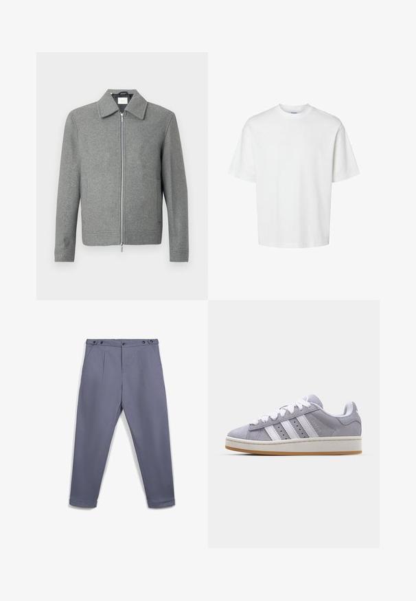 Giacca di lana grigia a maniche lunghe con zipper argento frontale e colletto classico, esposta su uno sfondo bianco.; T-shirt bianco in cotone con maniche corte, scollo rotondo e vestibilità rilassata. Texture liscia senza pattern o dettagli visibili.; Pantaloni grigi a gamba affusolata con pieghe, tasche laterali, patte regolabili in vita con bottone e orli a risvolto, disposti su uno sfondo bianco.; Sneakers in suede grigio con strisce bianche, punta rotonda e suola in gomma. Presentano perforazioni laterali e una linguetta sul tallone testurizzata.