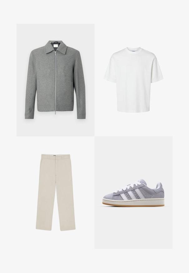 Harmaa pitkähihaine villatakki, jossa on etupuolella hopeinen vetoketju ja klassinen kaulus, esillä valkoista taustaa vasten.; Valkoinen puuvillapaita lyhyillä hihoilla, pyöreällä kaula-aukolta ja rentoa istuvuutta. Sujuva pinta ilman näkyviä kuvioita tai korostuksia.; Beige leveleek pantsit sujuvalla pinnalla, jossa on vyölenkit, kaksi etutaskua ja vetoketjutaklaus. Minimalistinen muotoilu.; Harmaan mokkanahkaiset lenkkarit valkoisilla raidoilla, pyöreä kärki ja kumipohja. Sivulla on reikiä ja teksturoitu kantapää.