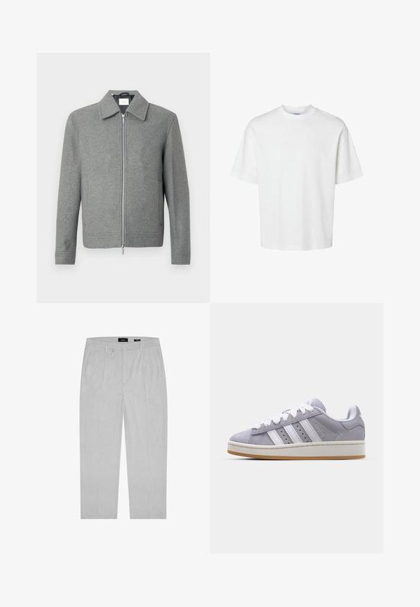 Veste en laine grise à manches longues avec fermeture éclair argentée à l'avant et un col classique, présentée sur un fond blanc.; T-shirt en coton blanc à manches courtes, col rond et coupe décontractée. Texture lisse sans motifs ou accents visibles.; Pantalon gris clair avec une texture subtile, présentant des plis à l'avant, des poches latérales et des passants de ceinture. Design à jambes droites, style minimaliste.; Baskets en suède gris avec des rayures blanches, bout rond et semelle en caoutchouc. Présente des perforations sur le côté et une languette de talon texturée.