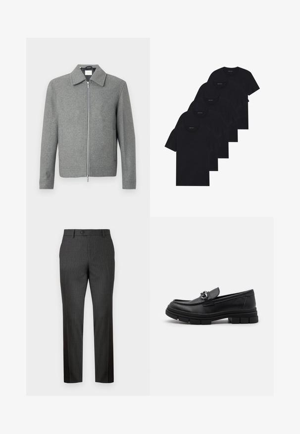 Siva vunena jakna dugih rukava s prednjim srebrnim patentnim zatvaračem i klasičnom kragnom, prikazana na bijeloj pozadini.; Pak od pet crnih majica s okruglim izrezom. Kratki rukavi, pamuk, standardni kroj. Glatka tekstura bez vidljivih uzoraka ili ukrasa.; Sive prugaste hlače od tkanine glatke teksture. Imaju prednje zatvaranje na dugme i ravne nogavice za krojeni fit.; Crne kožne mokasine s zaobljenim vrhom, dekorativnom trakom i hardverom, te masivnom teksturiranom potplatom. Glatka površina s suptilnim detaljima.