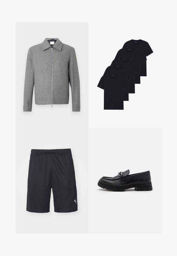 Pelēks garām piedurknēm vilnas uzvalks ar priekšējo sudraba rāvējslēdzēju un klasisku apkakli, izstādīts uz baltā fona.; Piecu melnu T-kreklu komplekts ar garām piedurknēm. Īsas piedurknes, kokvilnas materiāls, standarta piegriezums. Gluda tekstūra bez redzamām rakstām vai rotājumiem.; Puma INDIVIDUALLIGA TRAINING SHORTS OPEN POCKETS - Sporta šorti - black/fizzy apple; Melnas ādas loafer kurpes ar noapaļotu purngalu, dekoratīvu jostu un aparatūru, kā arī masīvu teksturētu zoli. Gluda virsma ar smalkām detaļām.