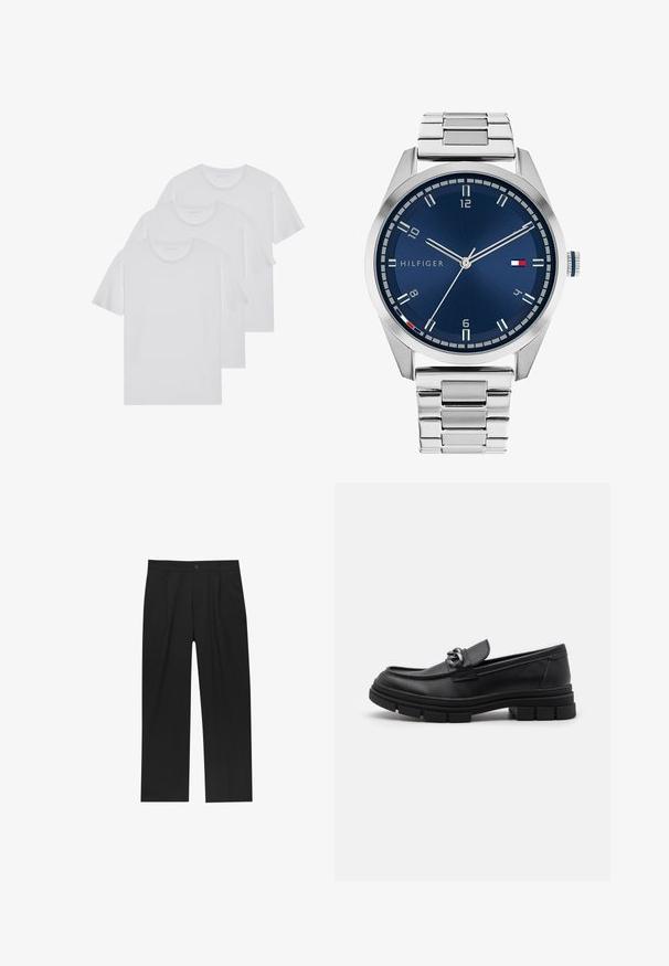 Grijze lange mouw woljas met een zilveren rits aan de voorkant en een klassieke kraag, weergegeven op een witte achtergrond.; Drie witte T-shirts van zacht katoen, met korte mouwen en een ronde hals, keurig gestapeld met minimale stikdetails.; Zwarte broeken met een recht model, gemaakt van een gladde stof. Voorzien van een voorplooien en een enkele knoopsluiting bij de taille.; Zwarte leren instapper met een ronde neus, een decoratieve band en hardware, en een chunky, gestructureerde zool. Glad afwerking met subtiele details.; Zilveren metalen horloge met een geborstelde blauwe wijzerplaat, witte uurmarkeringen en een datumweergave. Voorzien van een geschakelde metalen band en het logo van het merk.