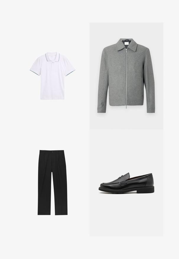 Giacca di lana grigia a maniche lunghe con zipper argento frontale e colletto classico, esposta su uno sfondo bianco.; Polo shirt bianco in cotone, con colletto classico, maniche corte e bordo blu navy sul colletto e sui bordi delle maniche.; Pantaloni neri con un design a gamba dritta, realizzati in un tessuto liscio. Presentano pieghe frontali e una chiusura a un bottone in vita.; Mocassini sintetici neri con una spessa cucitura frontale, soletta imbottita e suola piatta in gomma; design elegante con dettagli minimi.