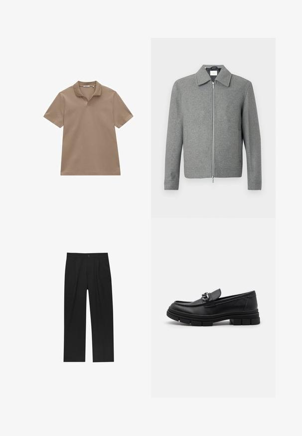 Grijze lange mouw woljas met een zilveren rits aan de voorkant en een klassieke kraag, weergegeven op een witte achtergrond.; Bruine katoenen polo met een klassieke kraag, korte mouwen en een subtiel v-hals ontwerp. Soepele textuur en eenvoudige snit.; Zwarte broeken met een recht model, gemaakt van een gladde stof. Voorzien van een voorplooien en een enkele knoopsluiting bij de taille.; Zwarte leren instapper met een ronde neus, een decoratieve band en hardware, en een chunky, gestructureerde zool. Glad afwerking met subtiele details.