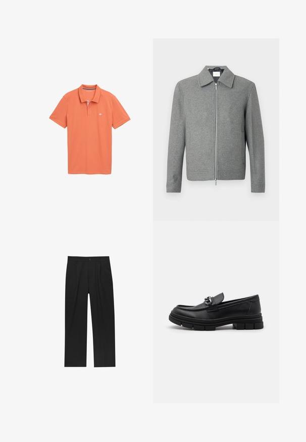 Szürke, hosszú ujjú gyapjú dzseki, elülső ezüst cipzárral és klasszikus gallérral, fehér háttér előtt bemutatva.; Rövid ujjú, narancssárga pólóing puha pamutból. Csíkos gallérral rendelkezik, két gombbal, diszkrét logóval a mellrészen és egyenes szegéllyel.; Fekete nadrág egyenes szárú kialakítással, sima anyagból készült. Elöl redők és egy gombos záródás található a derékon.; Fekete bőr mokaszín, lekerekített orral, díszes pánttal és fém kiegészítővel, valamint vastag, texturált talppal. Simább felület, finom részletezéssel.