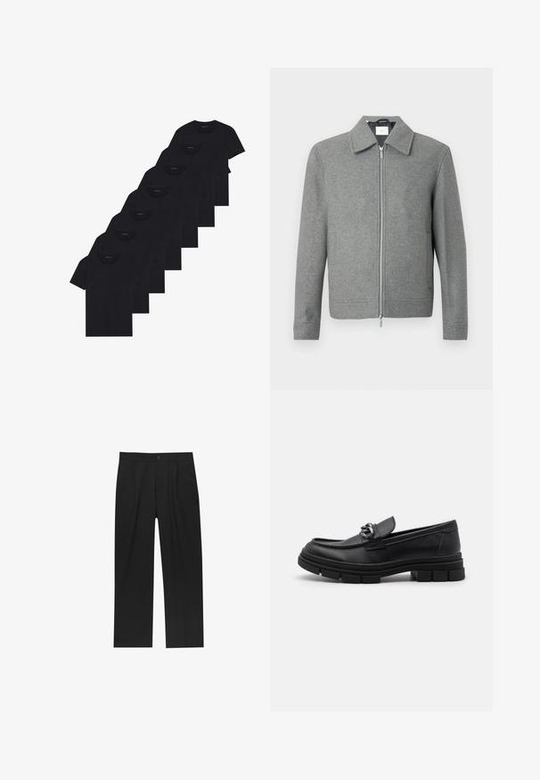 Grijze lange mouw woljas met een zilveren rits aan de voorkant en een klassieke kraag, weergegeven op een witte achtergrond.; Set van acht zwarte katoenen T-shirts met korte mouwen en een ronde hals, met een eenvoudige uitstraling en een zachte textuur.; Zwarte broeken met een recht model, gemaakt van een gladde stof. Voorzien van een voorplooien en een enkele knoopsluiting bij de taille.; Zwarte leren instapper met een ronde neus, een decoratieve band en hardware, en een chunky, gestructureerde zool. Glad afwerking met subtiele details.