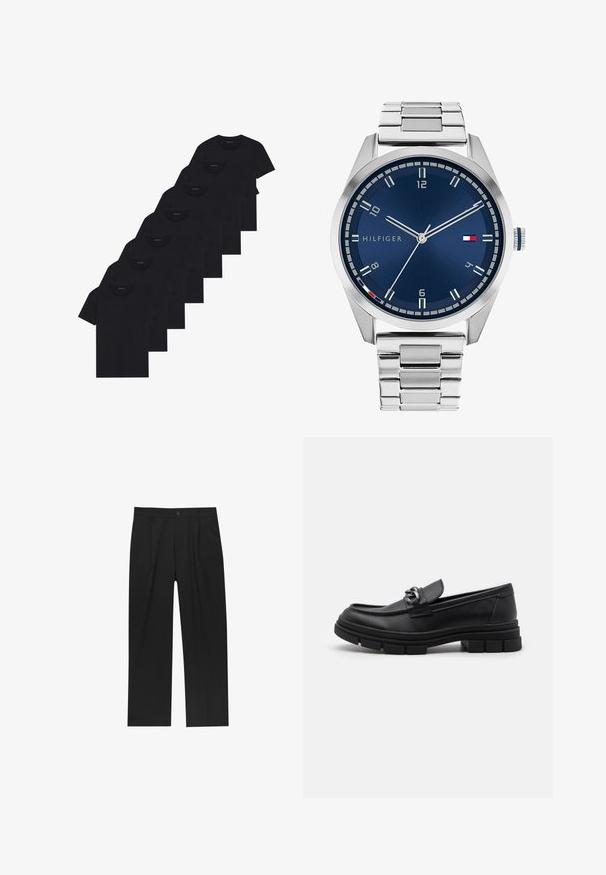 Grå långärmad ulljacka med silverfärgad dragkedja framtill och klassisk krage, uppställd mot en vit bakgrund.; Set med åtta svarta bomullströjor med korta ärmar och rundad halsringning, med en enkel design och mjuk textur.; Svarta byxor med rak ben-design, tillverkade av ett jämnt tyg. Har framfickor och en enkel knapplåsning i midjan.; Svart läderloafersko med rund tå, en dekorativ rem och hårdvara, samt en chunky texturerad sula. Slät finish med subtila detaljer.; Silver metall klocka med en borstad blå urtavla, vita timmarkörer och en datumvisning. Har ett länkande metallarmband och varumärkeslogotyp.