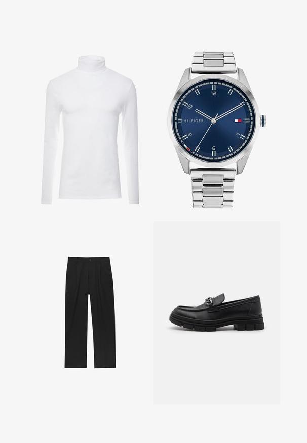 Grijze lange mouw woljas met een zilveren rits aan de voorkant en een klassieke kraag, weergegeven op een witte achtergrond.; Witte lange mouw turtleneck-shirt gemaakt van zachte, rekbare stof. Heeft een hoge kraag en een aangesloten ontwerp, wat zorgt voor een gestroomlijnde uitstraling.; Zwarte broeken met een recht model, gemaakt van een gladde stof. Voorzien van een voorplooien en een enkele knoopsluiting bij de taille.; Zwarte leren instapper met een ronde neus, een decoratieve band en hardware, en een chunky, gestructureerde zool. Glad afwerking met subtiele details.; Zilveren metalen horloge met een geborstelde blauwe wijzerplaat, witte uurmarkeringen en een datumweergave. Voorzien van een geschakelde metalen band en het logo van het merk.