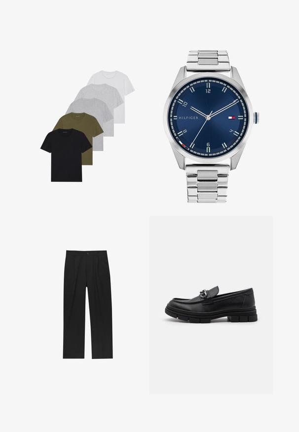 Giacca di lana grigia a maniche lunghe con zipper argento frontale e colletto classico, esposta su uno sfondo bianco.; Cinque t-shirt girocollo nei colori nero, oliva, grigio chiaro, grigio scuro e bianco. Realizzate in un tessuto morbido con maniche corte e una vestibilità rilassata.; Pantaloni neri con un design a gamba dritta, realizzati in un tessuto liscio. Presentano pieghe frontali e una chiusura a un bottone in vita.; Mocassino in pelle nera con punta arrotondata, una fascia decorativa e accessori in metallo, e una suola spessa e testurizzata. Finitura liscia con dettagli sottili.; Orologio in metallo argentato con quadrante blu spazzolato, indici bianchi e display della data. Dotato di un bracciale metallico a maglie e logo del marchio.
