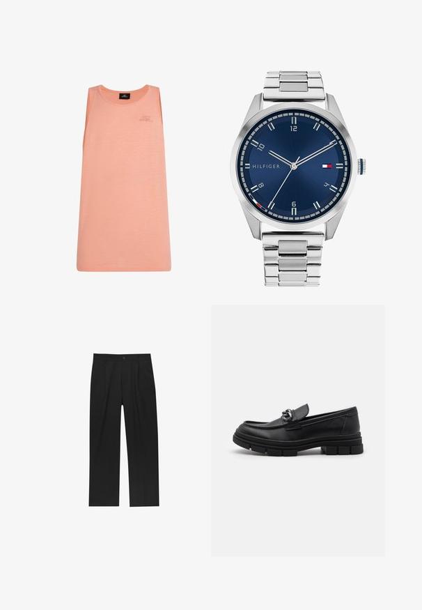 Gray long-sleeve wool jacket with front silver zipper and a classic collar, displayed on a white background.; Peach tank top made of lightweight fabric, featuring a round neckline and no sleeves. Subtle O'Neill logo on the front.; Black pants with a straight-leg design, made from a smooth fabric. Features front pleats and a single button closure at the waist.; Black leather loafer with a rounded toe, a decorative strap and hardware, and a chunky textured sole. Smooth finish with subtle detailing.; Silver metal watch with a brushed blue dial, white hour markers, and a date display. Features a linked metallic band and brand logo.