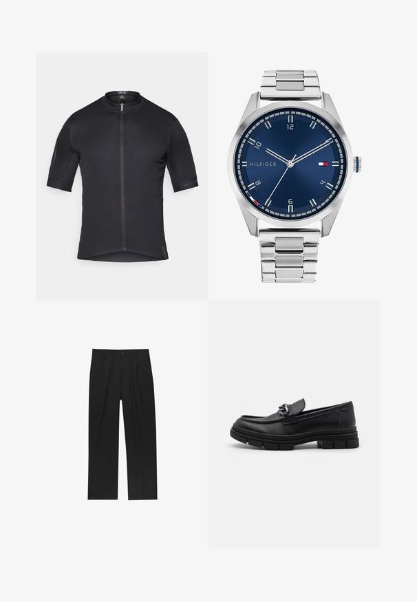 Giacca di lana grigia a maniche lunghe con zipper argento frontale e colletto classico, esposta su uno sfondo bianco.; Maglietta da ciclismo da uomo, maniche corte, colore nero, tessuto leggero, spalle testurizzate, zip frontale, design aderente, cuciture piatte, branding sottile.; Pantaloni neri con un design a gamba dritta, realizzati in un tessuto liscio. Presentano pieghe frontali e una chiusura a un bottone in vita.; Mocassino in pelle nera con punta arrotondata, una fascia decorativa e accessori in metallo, e una suola spessa e testurizzata. Finitura liscia con dettagli sottili.; Orologio in metallo argentato con quadrante blu spazzolato, indici bianchi e display della data. Dotato di un bracciale metallico a maglie e logo del marchio.
