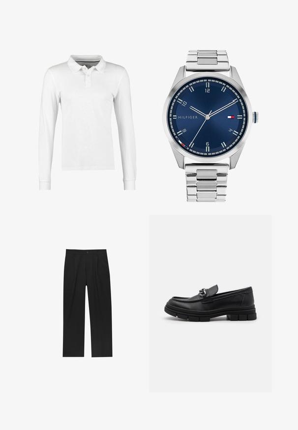 Siv plašč z dolgimi rokavi iz volne s sprednjim srebrnim zadrgo in klasičnim ovratnikom, prikazan na beli ozadju.; Polo majica z dolgimi rokavi v beli barvi iz bombaža, ki ima ovratnik, z gumbno zapenjanjem na tri gumbke in enostavno teksturo brez vzorcev ali okraskov.; Črne hlače z ravnim krojem, narejene iz gladkega materiala. Imajo sprednje gube in enojno zaponko na pasu.; Črni usnjeni loaferji z zaobljenim nosom, dekorativnim trakom in dodatki ter debelim teksturiranim podplatom. Gladek zaključek s subtilnimi detajli.; Srebrna kovinska ura z brušenim modrim številcem, belimi številčnicami in prikazom datuma. Ima povezano kovinsko zapestnico in logotip blagovne znamke.