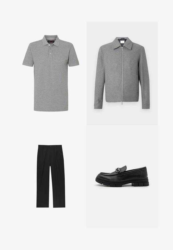 Grå langærmet uldjakke med sølvfarvet lynlås foran og klassisk krave, præsenteret på en hvid baggrund.; Grå polo skjorte med en klassisk krave, tre-knaps lukning og korte ærmer. Blød tekstur, afslappet design og mærker i sidehøjden.; Sorte bukser med lige ben, lavet af et glat stof. Har frontfolder og en enkelt knaplukning i taljen.; Sort læderloafer med rund tå, en dekorativ rem og hardware, samt en chunky tekstureret sål. Glat finish med subtile detaljer.