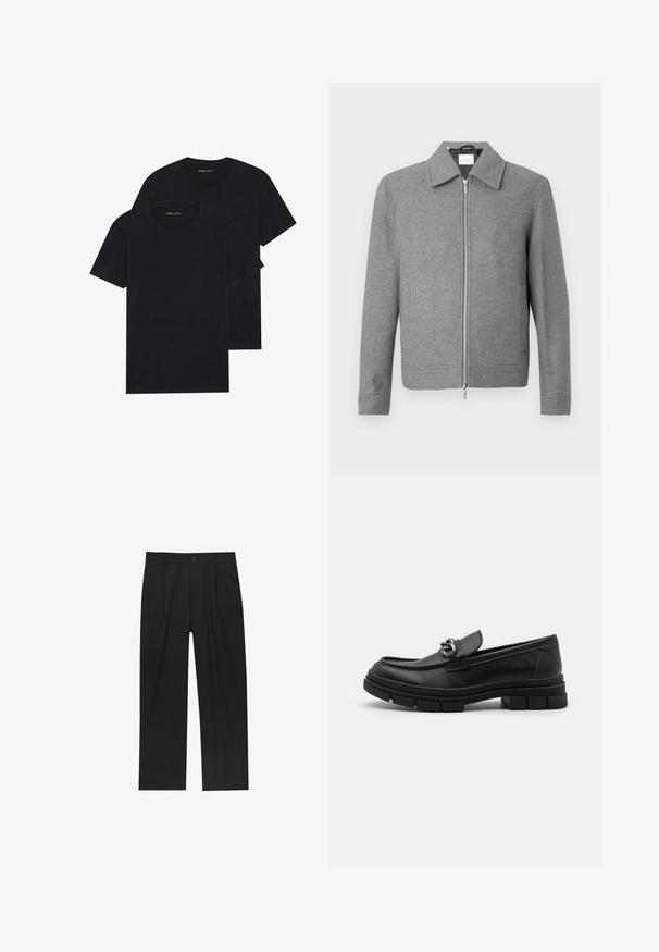Giacca di lana grigia a maniche lunghe con zipper argento frontale e colletto classico, esposta su uno sfondo bianco.; Due magliette nere a manica corta, con scollo rotondo, impilate. Realizzate in cotone morbido, presentano un design semplice senza motivi visibili o decorazioni.; Pantaloni neri con un design a gamba dritta, realizzati in un tessuto liscio. Presentano pieghe frontali e una chiusura a un bottone in vita.; Mocassino in pelle nera con punta arrotondata, una fascia decorativa e accessori in metallo, e una suola spessa e testurizzata. Finitura liscia con dettagli sottili.