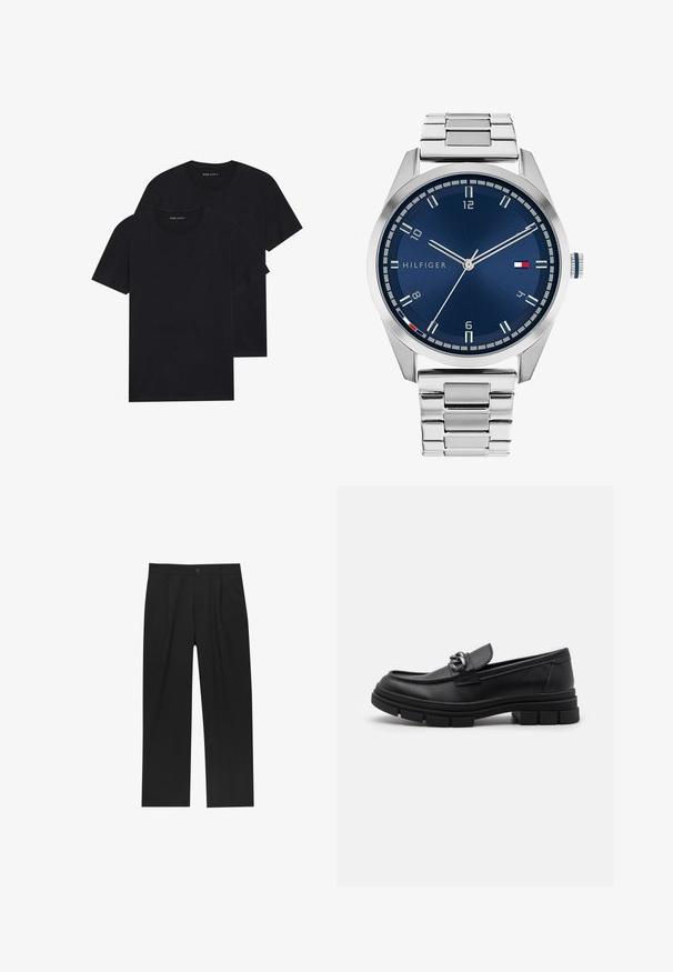 Giacca di lana grigia a maniche lunghe con zipper argento frontale e colletto classico, esposta su uno sfondo bianco.; Due magliette nere a manica corta, con scollo rotondo, impilate. Realizzate in cotone morbido, presentano un design semplice senza motivi visibili o decorazioni.; Pantaloni neri con un design a gamba dritta, realizzati in un tessuto liscio. Presentano pieghe frontali e una chiusura a un bottone in vita.; Mocassino in pelle nera con punta arrotondata, una fascia decorativa e accessori in metallo, e una suola spessa e testurizzata. Finitura liscia con dettagli sottili.; Orologio in metallo argentato con quadrante blu spazzolato, indici bianchi e display della data. Dotato di un bracciale metallico a maglie e logo del marchio.