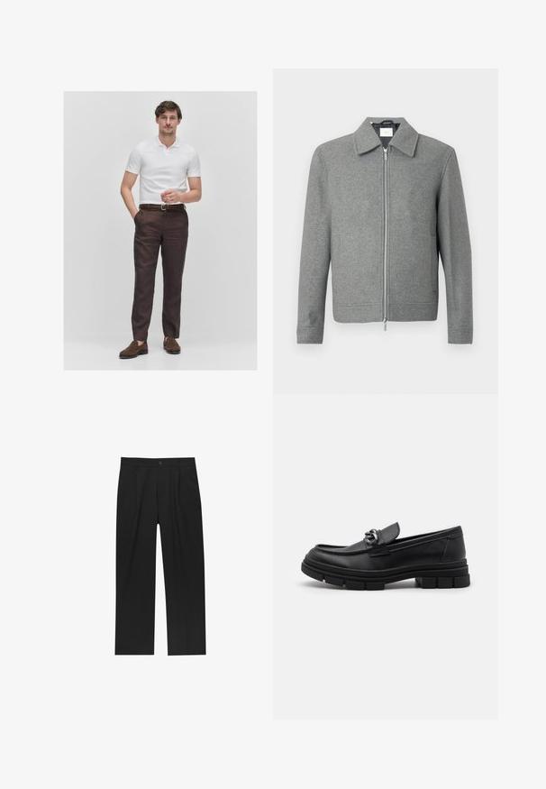 Grå langærmet uldjakke med sølvfarvet lynlås foran og klassisk krave, præsenteret på en hvid baggrund.; Hvid kortærmet polo-shirt, mørkebrune linnedbukser, fletlæderbælte i brun, brune ruskinds loafers, stående mod en ensfarvet baggrund.; Sorte bukser med lige ben, lavet af et glat stof. Har frontfolder og en enkelt knaplukning i taljen.; Sort læderloafer med rund tå, en dekorativ rem og hardware, samt en chunky tekstureret sål. Glat finish med subtile detaljer.