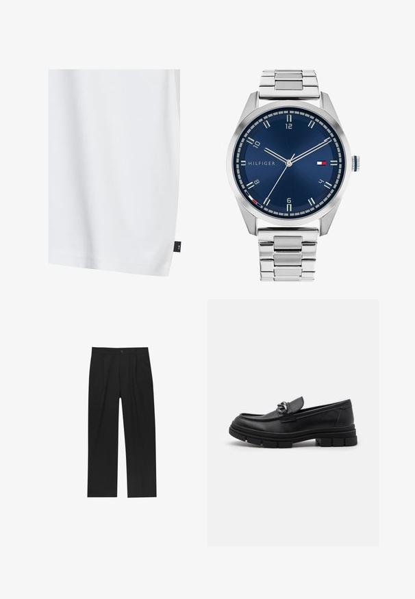 Giacca di lana grigia a maniche lunghe con zipper argento frontale e colletto classico, esposta su uno sfondo bianco.; T-shirt bianco in cotone con una texture liscia, vestibilità rilassata e un piccolo etichetta in tessuto nera sul lato inferiore della cucitura. Nessun motivo visibile.; Pantaloni neri con un design a gamba dritta, realizzati in un tessuto liscio. Presentano pieghe frontali e una chiusura a un bottone in vita.; Mocassino in pelle nera con punta arrotondata, una fascia decorativa e accessori in metallo, e una suola spessa e testurizzata. Finitura liscia con dettagli sottili.; Orologio in metallo argentato con quadrante blu spazzolato, indici bianchi e display della data. Dotato di un bracciale metallico a maglie e logo del marchio.