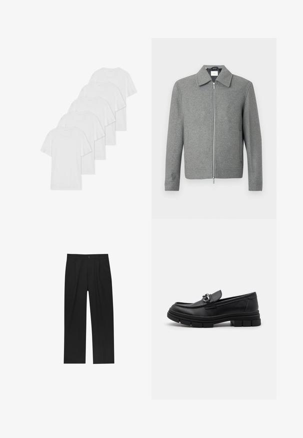 Harmaa pitkähihaine villatakki, jossa on etupuolella hopeinen vetoketju ja klassinen kaulus, esillä valkoista taustaa vasten.; Kuusi valkoista lyhythihaista puuvillapaitaa, joissa on pyöreät pääntiet, aseteltuna riviin. Paitojen pinta on sileä eikä niissä ole näkyviä kuvioita.; Mustat housut suoranlahkeisella muotoilulla, valmistettu sileästä kankaasta. Ominaisuuksiin kuuluu etupleateet ja yksi nappikiinnitys vyötäröllä.; Musta nahkaloaferi pyöreällä varvalla, koristeellisesti varustetulla hihnalla ja metalliosilla sekä paksulla, teksturoidulla pohjalla. Sileä pinta hienovaraisin yksityiskohdin.