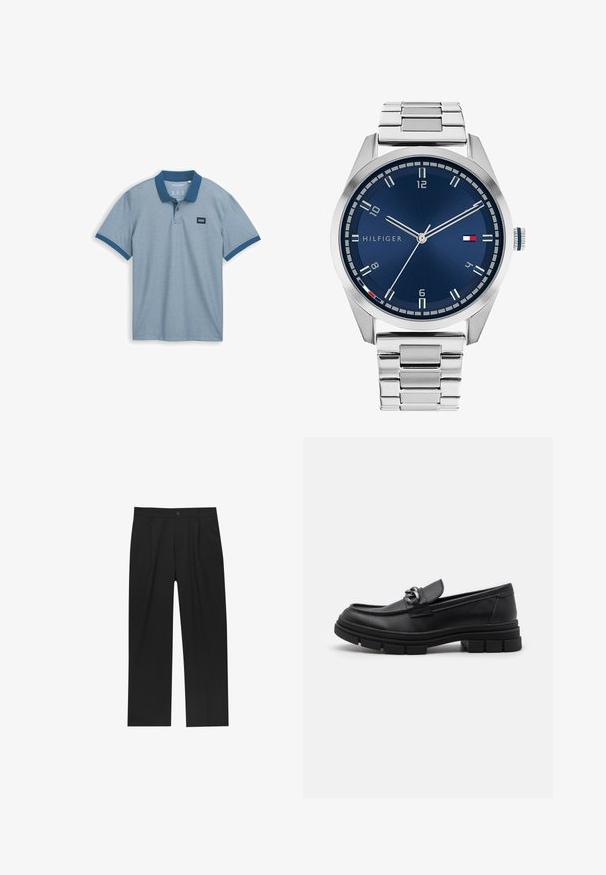 Šedý vlnený kabát s dlhým rukávom a predným strieborným zipsom, s klasickým golierom, vystavený na bielom pozadí.; Svetlomodrá polo košela s pevným námorníckym golierom, krátkymi rukávmi a malou textilnou etiketou na hrudi, vyrobená z texturovanej bavlnenej látky.; Čierne nohavice s rovnými nohavicami, vyrobené z hladkej tkaniny. Majú predné puky a jediné gombíkové zapínanie v páse.; Čierne kožené mokasíny s okrúhlym špičkou, dekoračným pásikom a kovovými prvkami, a robustnou textúrovanou podrážkou. Hladký povrch s jemnými detailami.; Strieborné kovové hodinky s brúseným modrým ciferníkom, bielymi indexmi a zobrazením dátumu. Majú prepojený kovový remienok a logo značky.