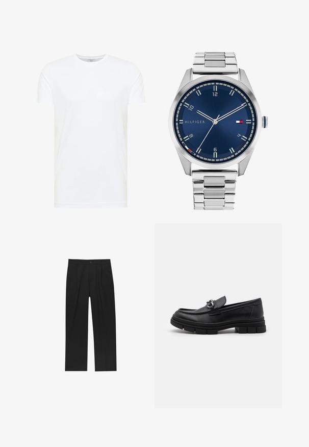 Grajanger Wolljacke mit langen Ärmeln, Front-Reißverschluss in Silber und klassischem Kragen, auf einem weißen Hintergrund präsentiert.; Weißes Baumwoll-T-Shirt mit kurzen Ärmeln, Rundhalsausschnitt und glatter Textur. Schlichtes Design ohne erkennbare Muster oder Grafiken.; Schwarze Hose mit geradem Schnitt, aus einem glatten Stoff gefertigt. Verfügt über Vorderfalten und einen einzelnen Knopfverschluss an der Taille.; Schwarzer Lederloafer mit runder Zehenform, einem dekorativen Riemen und Hardware sowie einer robusten, strukturierten Sohle. Glatte Oberfläche mit dezenten Details.; Silberne Metall-Uhr mit einem gebürsteten blauen Zifferblatt, weißen Stundenmarkierungen und einem Datumsanzeiger. Verfügt über ein verlinktes Metallarmband und ein Markenlogo.