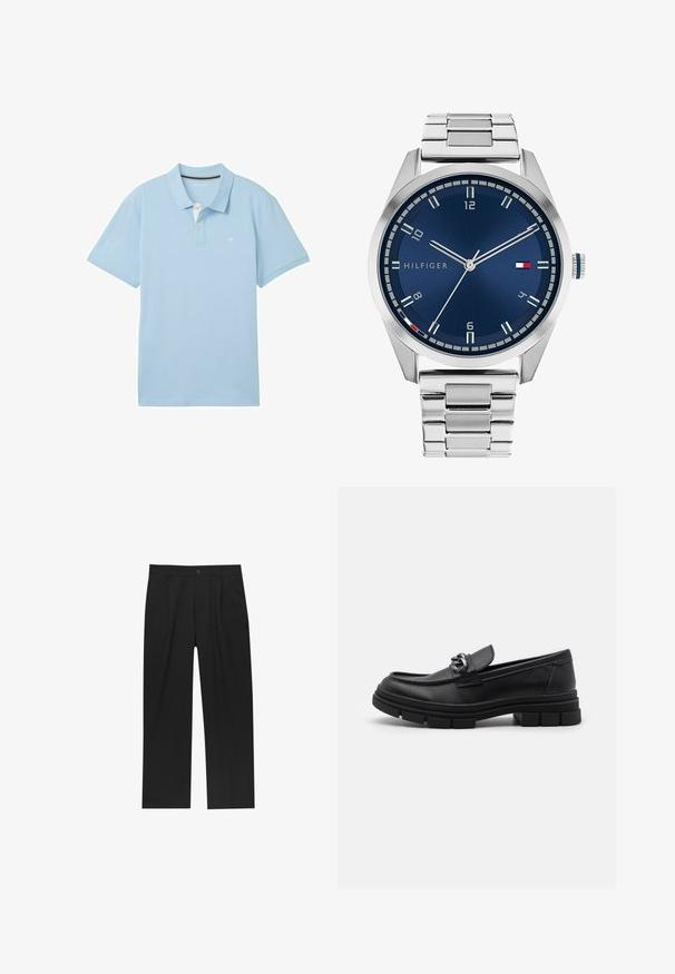 Veste en laine grise à manches longues avec fermeture éclair argentée à l'avant et un col classique, présentée sur un fond blanc.; Polo-shirt bleu clair en tissu doux. Il présente un col classique, des manches courtes et un petit logo sur la poitrine gauche.; Pantalons noirs au design droit, fabriqués à partir d'un tissu lisse. Dotés de plis sur le devant et d'une fermeture à un bouton à la taille.; Mocassin en cuir noir avec un bout arrondi, une lanière décorative et des éléments en métal, et une semelle texturée épaisse. Finition lisse avec des détails subtils.; Montre en métal argenté avec un cadran bleu brossé, des index heures blancs et un affichage de la date. Comprend un bracelet métallique à maillons et le logo de la marque.