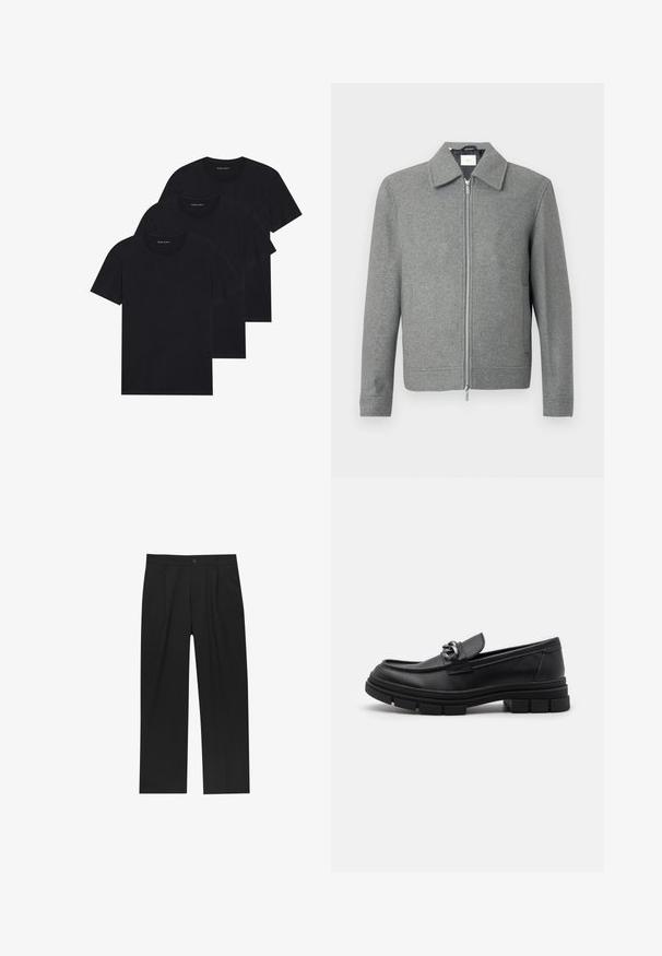 Grå långärmad ulljacka med silverfärgad dragkedja framtill och klassisk krage, uppställd mot en vit bakgrund.; Tre svarta bomullströjor med rund hals, korta ärmar och en enkel design. Varje tröja har en synlig logotyp nära halslinningen.; Svarta byxor med rak ben-design, tillverkade av ett jämnt tyg. Har framfickor och en enkel knapplåsning i midjan.; Svart läderloafersko med rund tå, en dekorativ rem och hårdvara, samt en chunky texturerad sula. Slät finish med subtila detaljer.