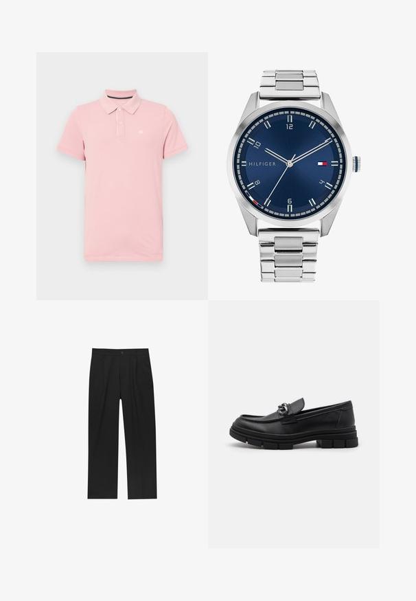 Harmaa pitkähihaine villatakki, jossa on etupuolella hopeinen vetoketju ja klassinen kaulus, esillä valkoista taustaa vasten.; Vaaleanpunainen puuvillapaita, jossa on klassinen kaulus, kolme nappia ja pieni logo vasemmassa rinnassa. Lyhyet hihat ja tavallinen istuvuus.; Mustat housut suoranlahkeisella muotoilulla, valmistettu sileästä kankaasta. Ominaisuuksiin kuuluu etupleateet ja yksi nappikiinnitys vyötäröllä.; Musta nahkaloaferi pyöreällä varvalla, koristeellisesti varustetulla hihnalla ja metalliosilla sekä paksulla, teksturoidulla pohjalla. Sileä pinta hienovaraisin yksityiskohdin.; Harmaa metallikello, jossa on harjattu sininen taulu, valkoiset tuntimerkit ja päivämääränäyttö. Varustettu linkitetyllä metallirannekkeella ja brändin logolla.